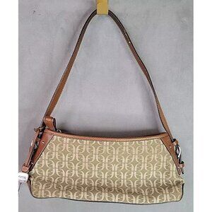 Fossil Signature Jacquard Shoulder Bag Purse Handbag Brown Leather Canvas Logo
